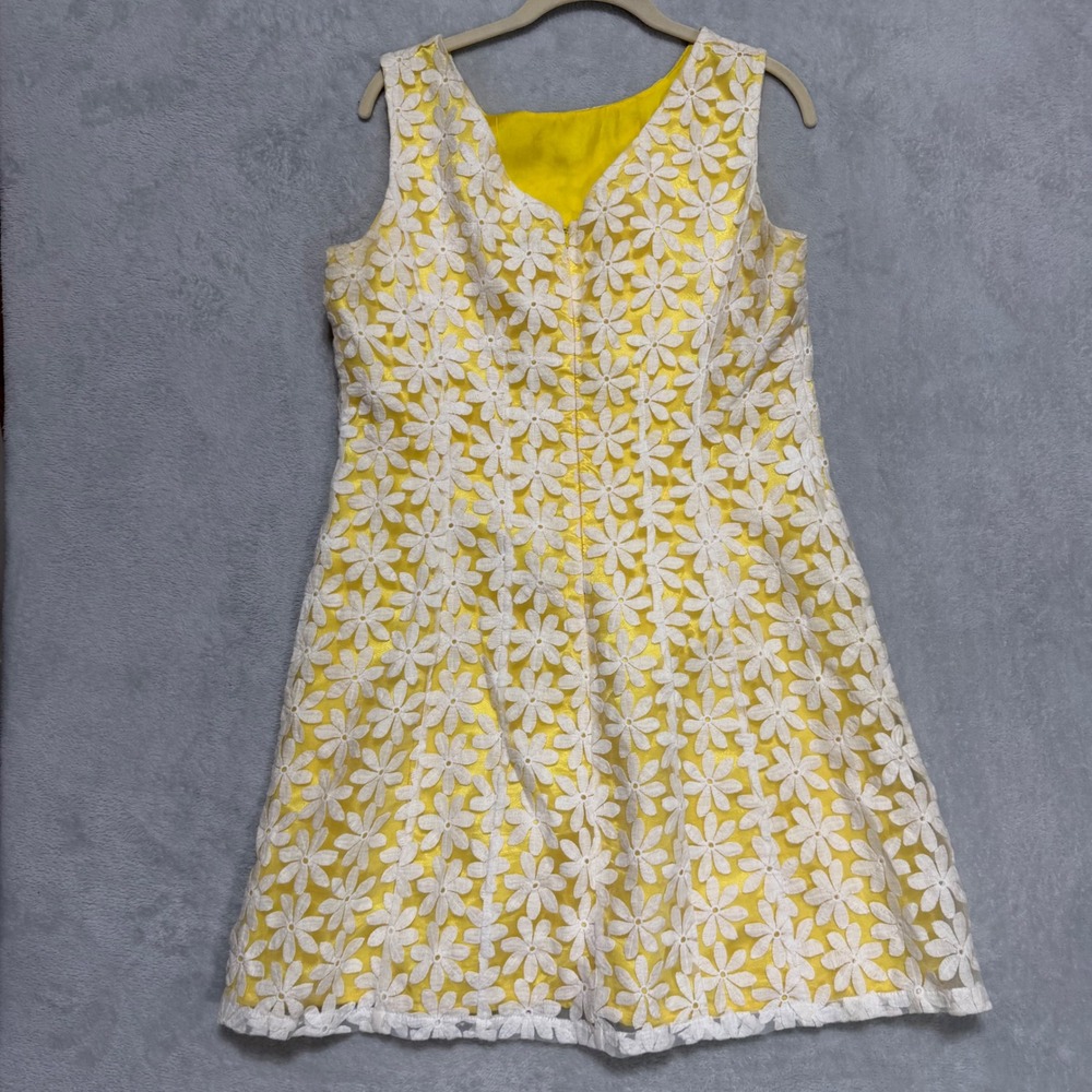 Cremieux A-Line Dress Womens 12 Yellow White Floral Lace Sleeveless Mod Mini - Picture 3 of 11